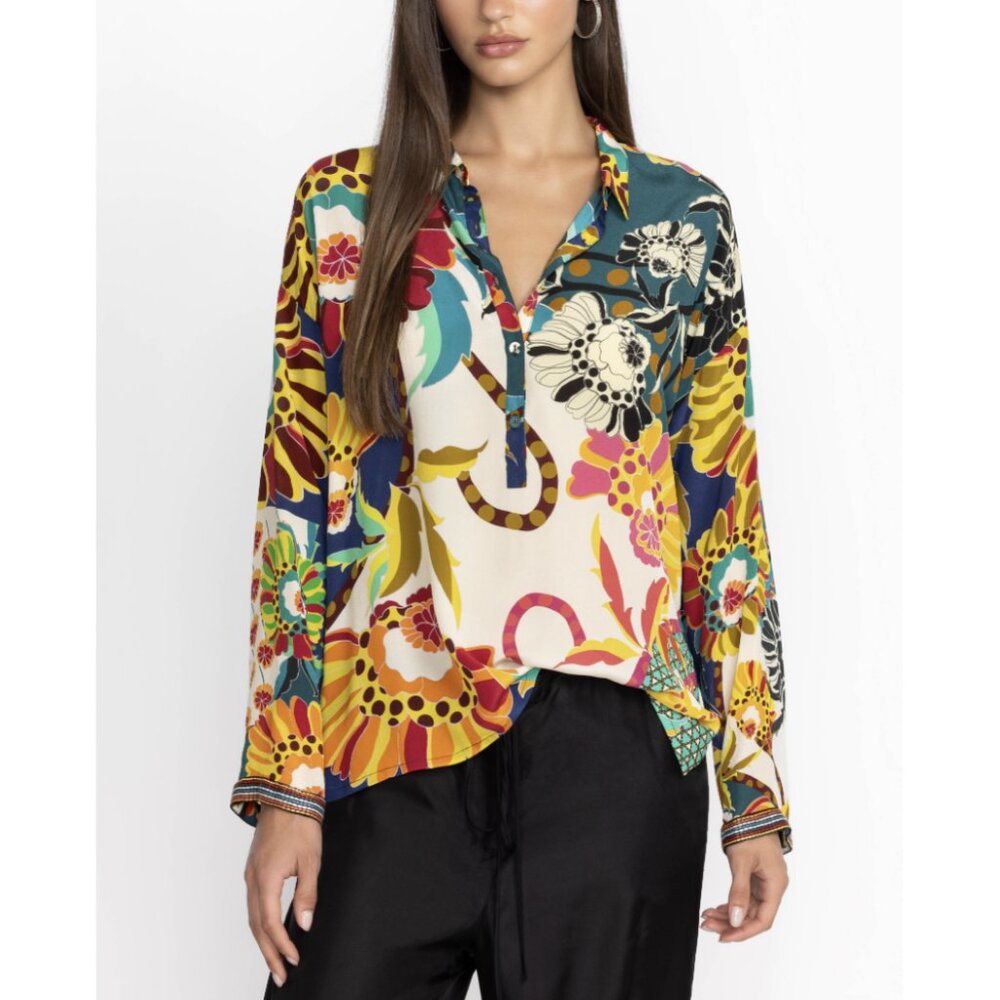 Johnny Was Silk Seline Blouse Tunic Floral Multicolor Kimbra Stila Size Medium